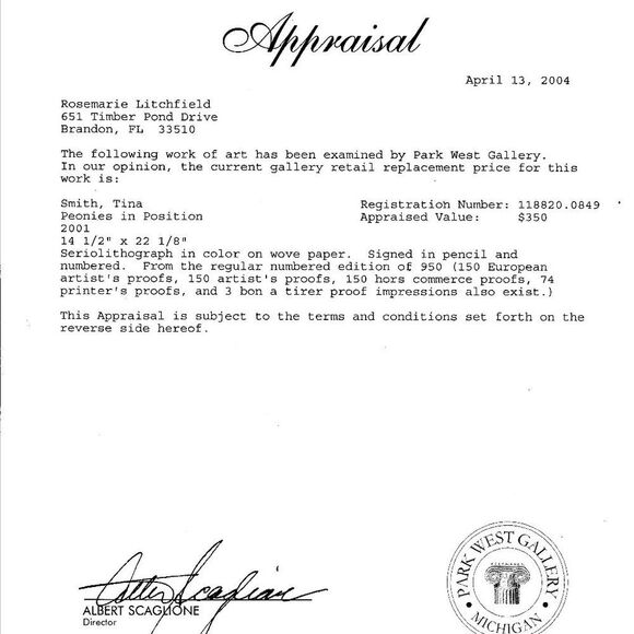 "Peonies in Position" by Tina Smith Seriolithograph Appraised at $350 - Picture 5 of 7